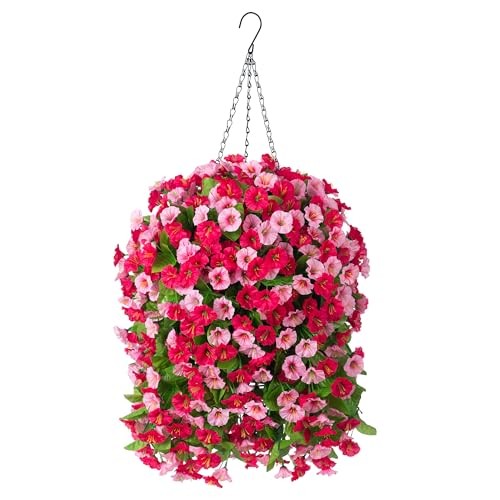 Artificial Flowers with Hanging Basket, Outdoor Faux Plants Silk Hot Pink