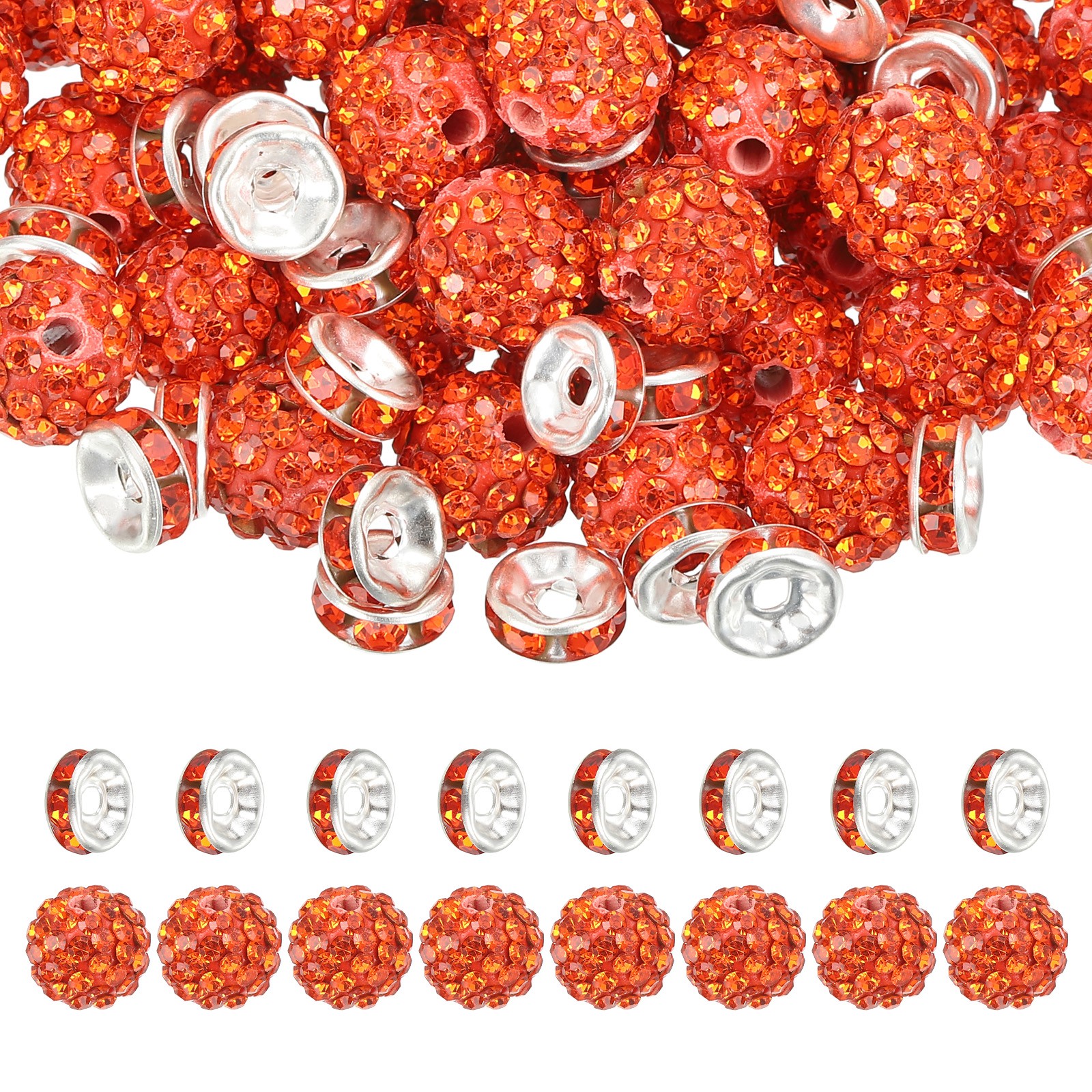 120Pcs Rhinestone Beads, 10mm Bead/8mm Crystal Spacer (Orange Red)