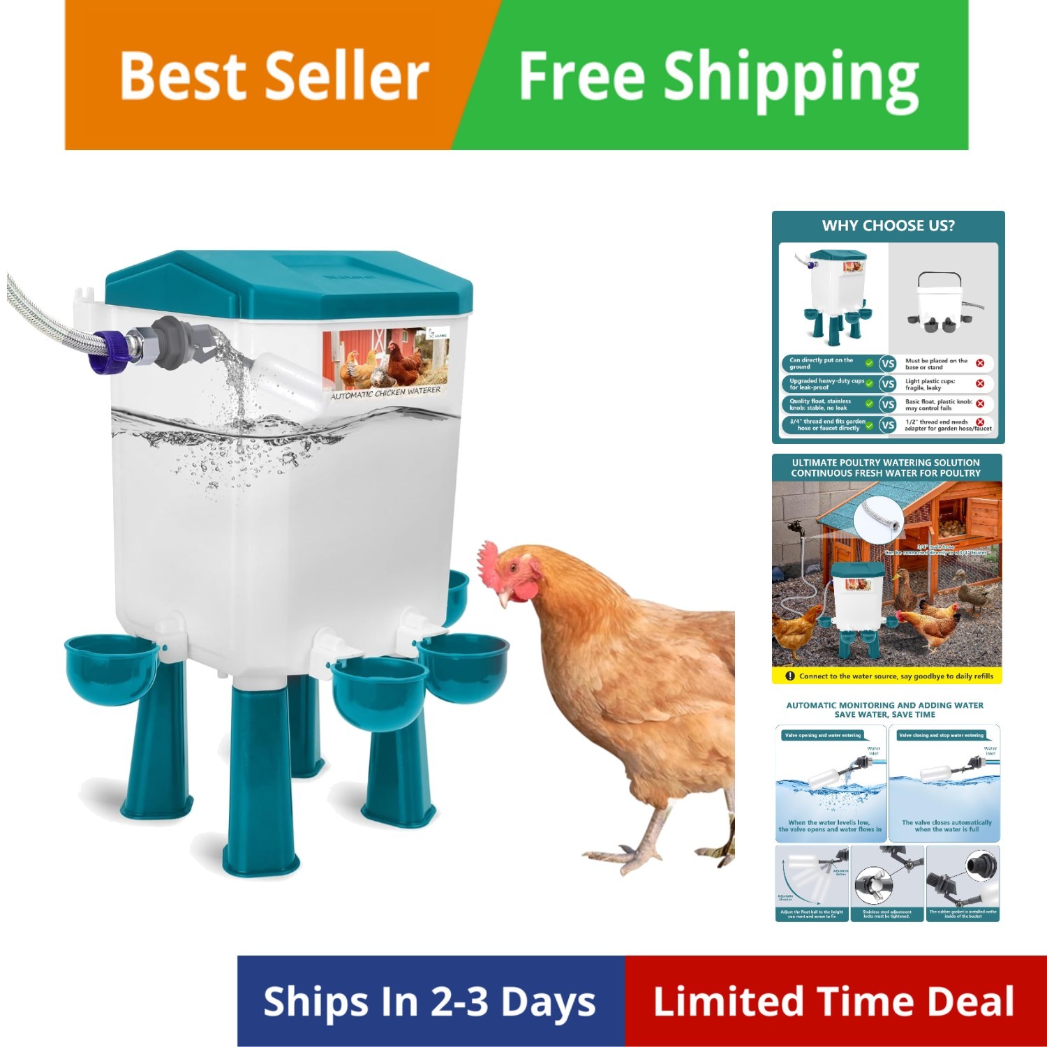 Automatic Chicken Waterer 2 Gallon | Float-Control Auto Waterer, Hanging/Stan...