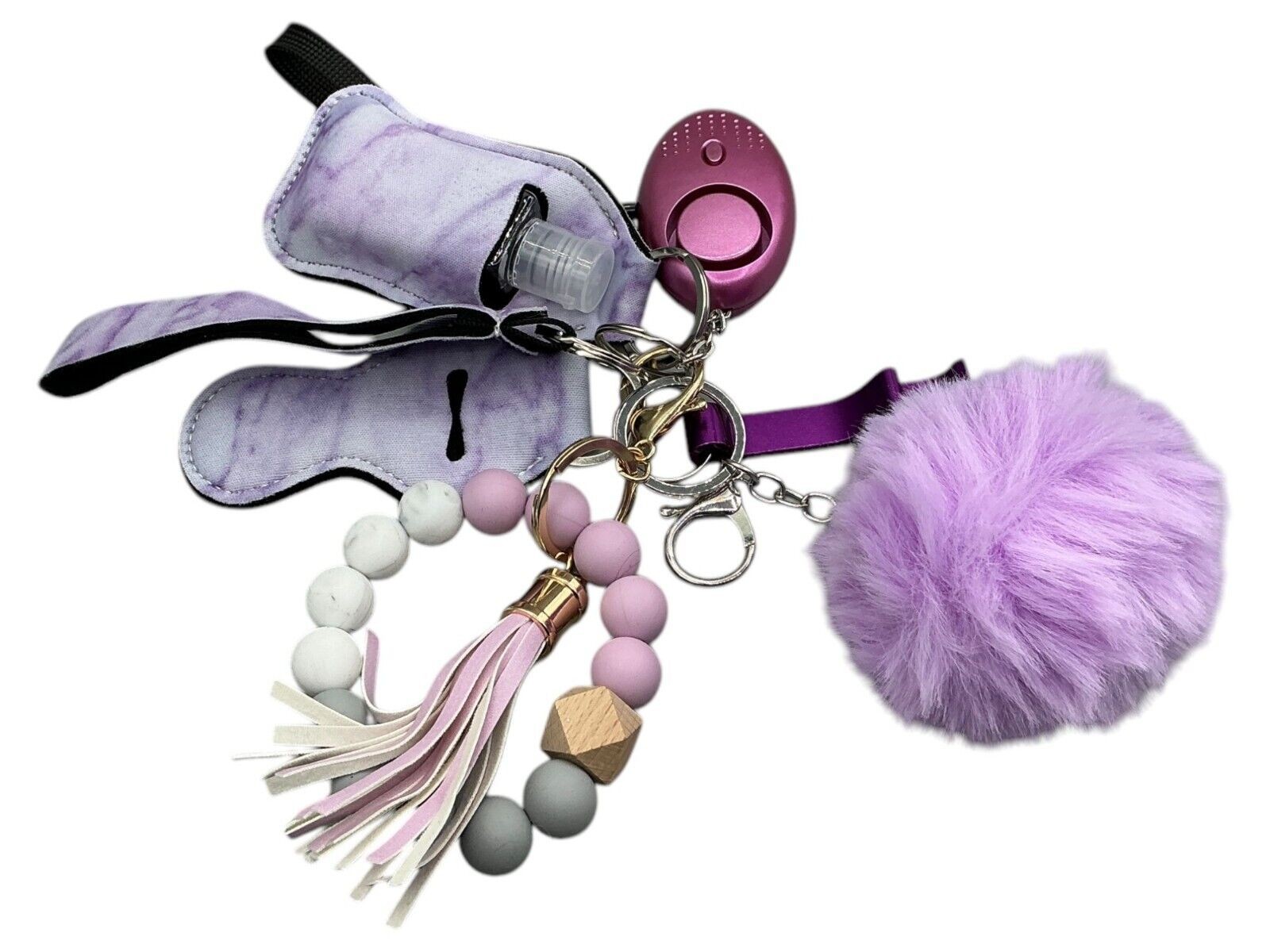 Women's Self Defense Keychain Set With Personal Alarm & Pom Pink