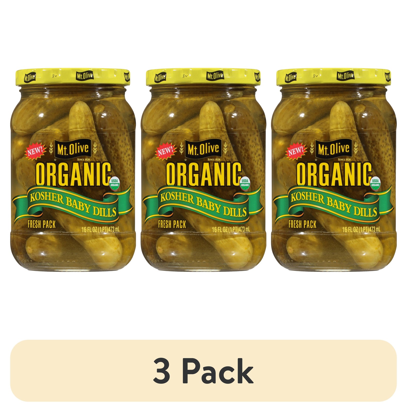 (3 pack) Mt. Olive Organic Kosher Whole Baby Dill Pickles, 16 fl oz Jar