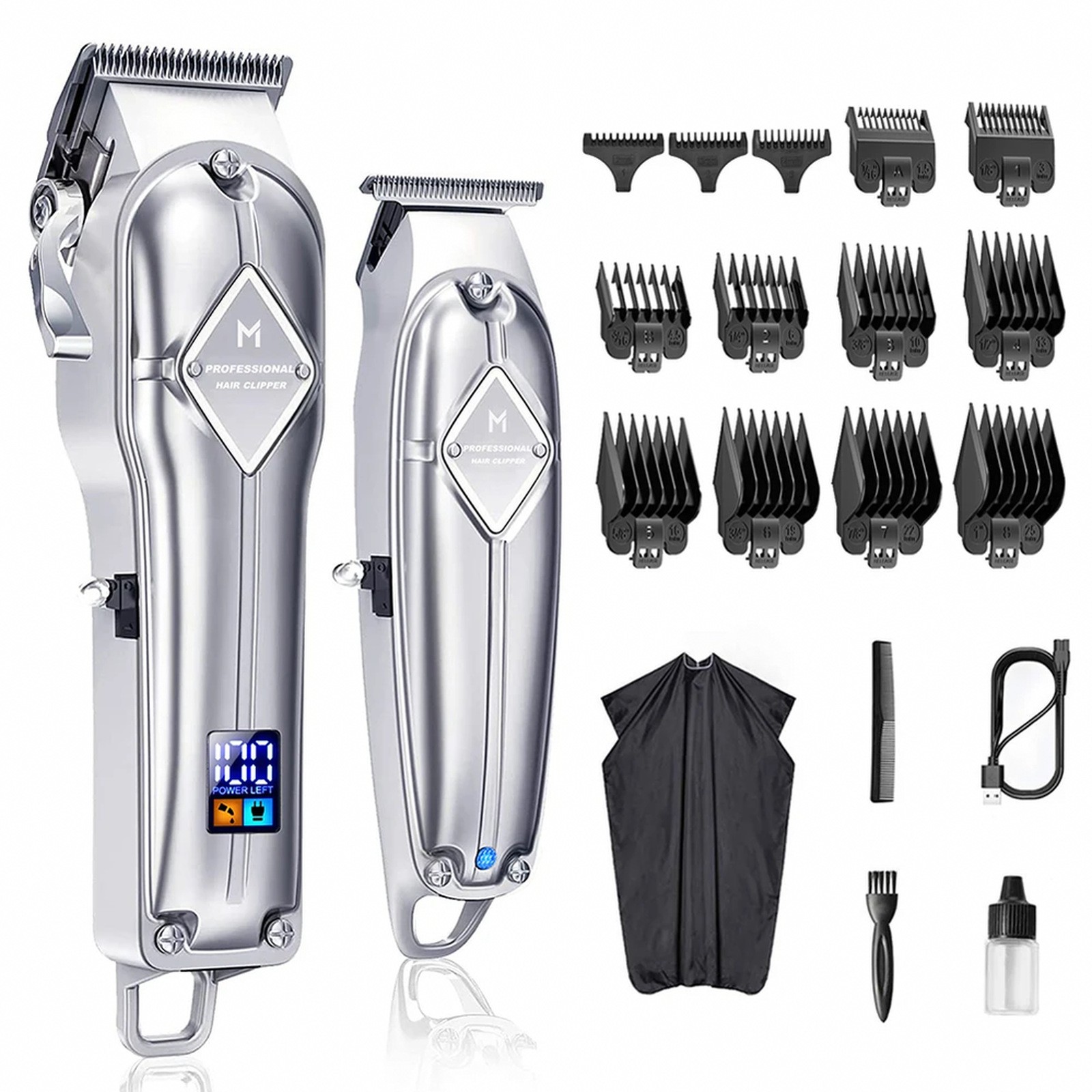 Professional Cordless Hair Clippers Kit With Digital Display Stainless Steel