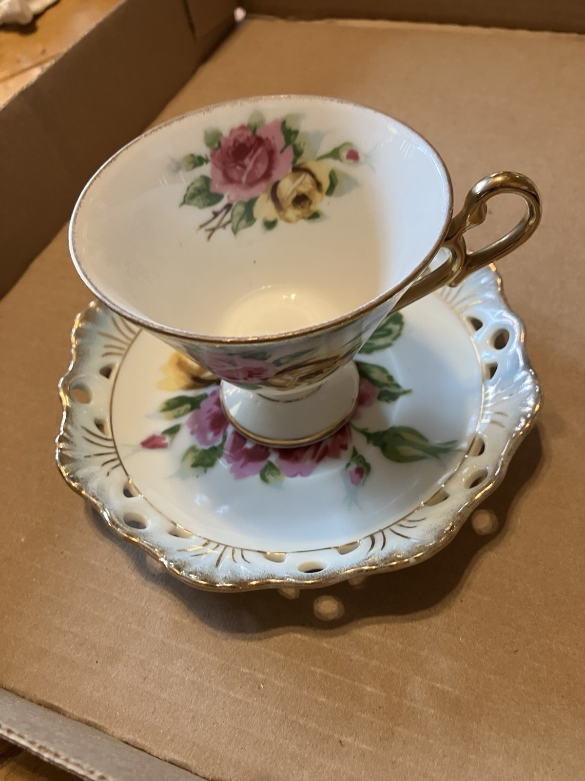 Lefton China Cup And Saucer KF801 Roses Gold Trim
