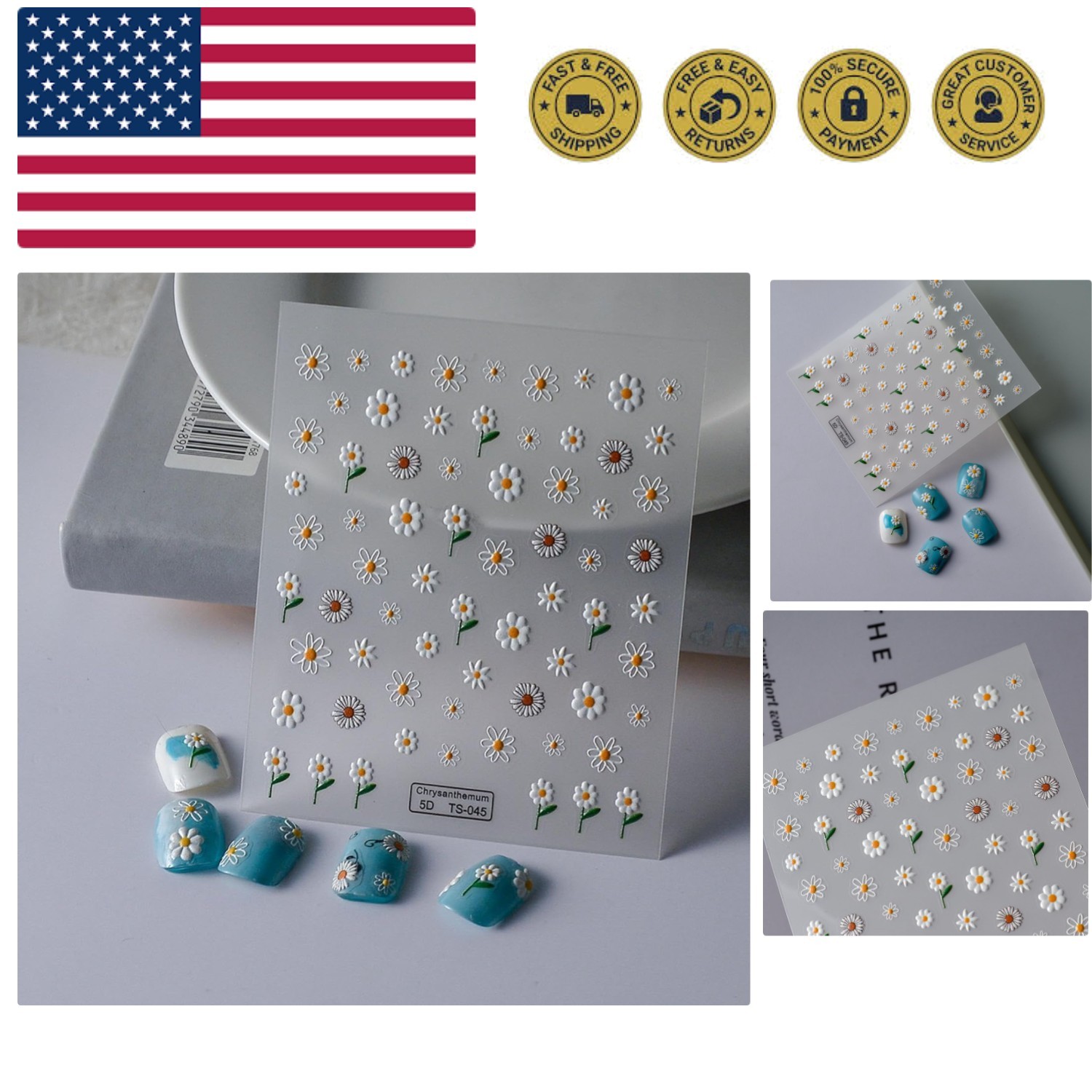 Flower Nail Art Stickers 5D Embossed White Daisy Nail Stickers Self-Adhesive ...