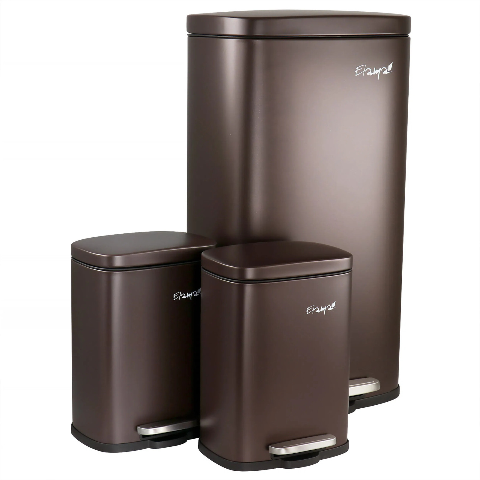 Elama 3 Piece 8 Gallon and 1.3 Gallon Stainless Steel Step Trash Bin Combo Set w