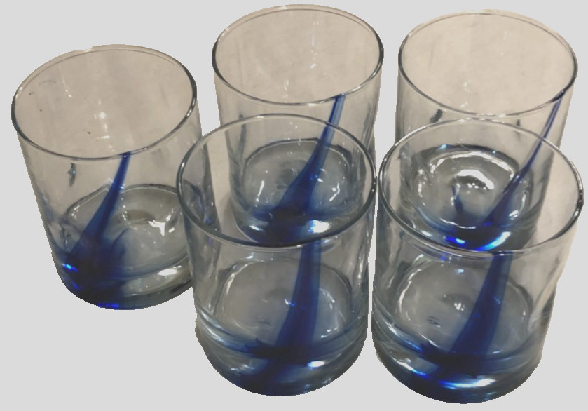 Lot 5 Libby Cobalt Blue Ribbon Impressions High Ball Swirl Dimple Clear Glasses
