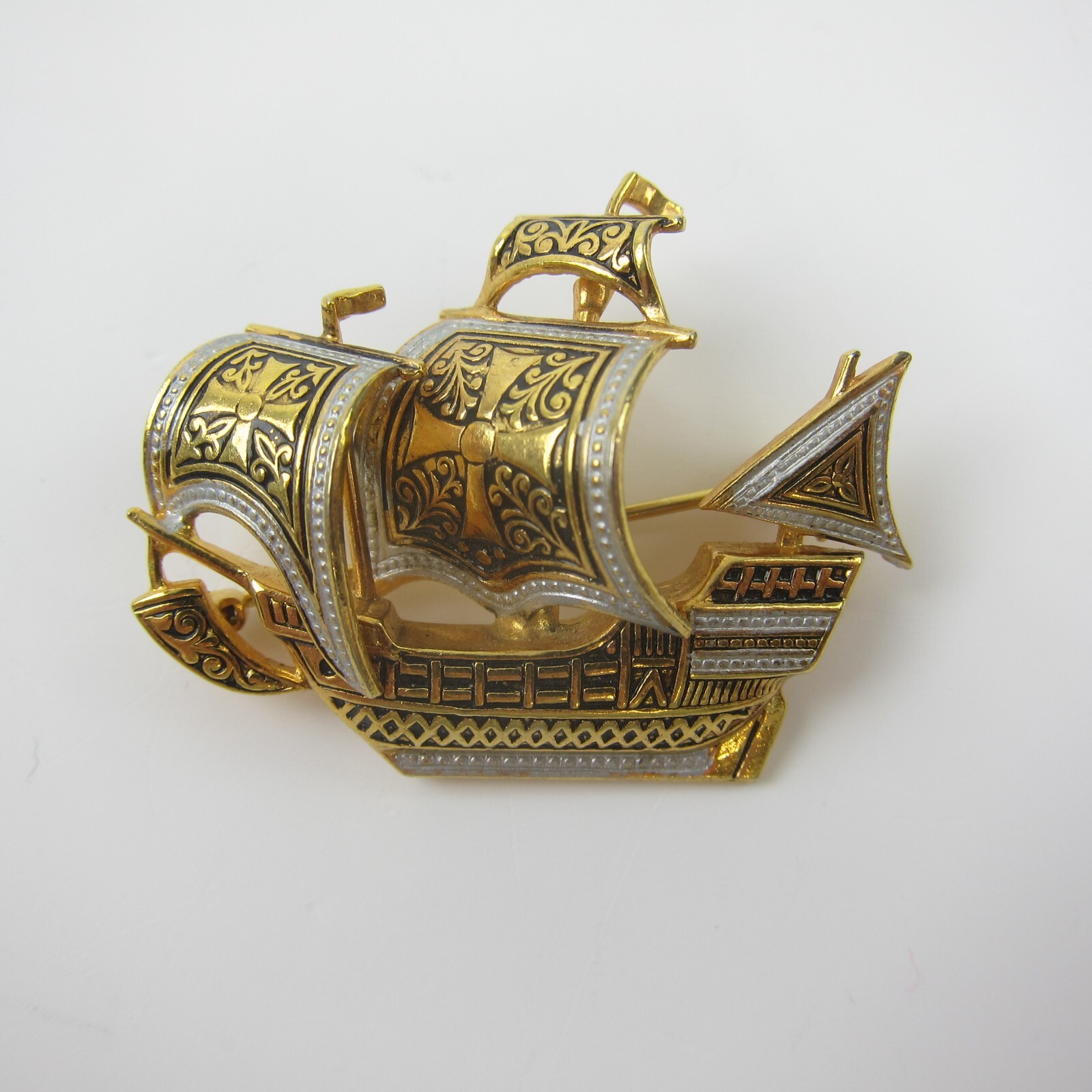 Vintage Damascene Style Ship Brooch Pin Gold Tone & Black Spanish Galleon
