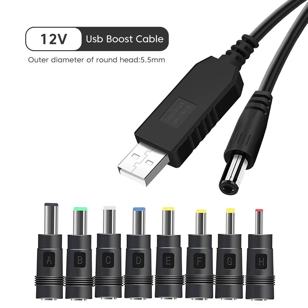 DC 5V To 12V Power Supply USB to 5.5 x 2.1mm Jack Plug Charger Cable With 8 Tips