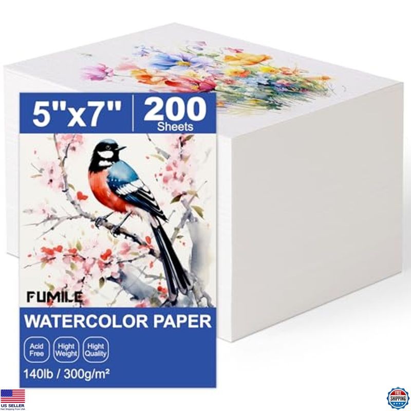 200 Sheets 5x7" Premium Watercolor Paper - 140lb Cold Press Cotton for Artists