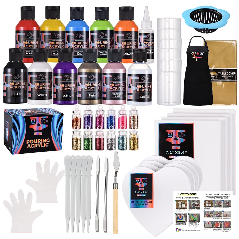 OPHIR 10 Colors Acrylic Pouring Paint Set w/ Medium, Varnish, 8x Canvas, Tools