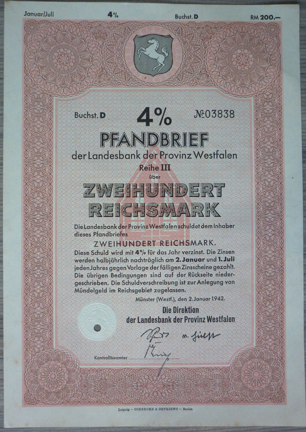 Share, Westphalia 1942, 200 RM, (Art.3241)