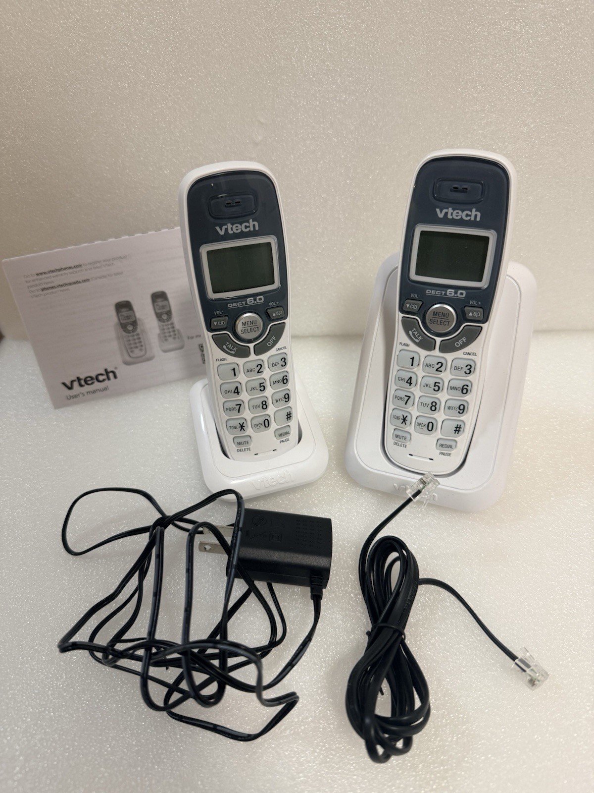 VTech DECT 6.0 Cordless Telephone 2 Handsets White Gray Wireless Speakerphone