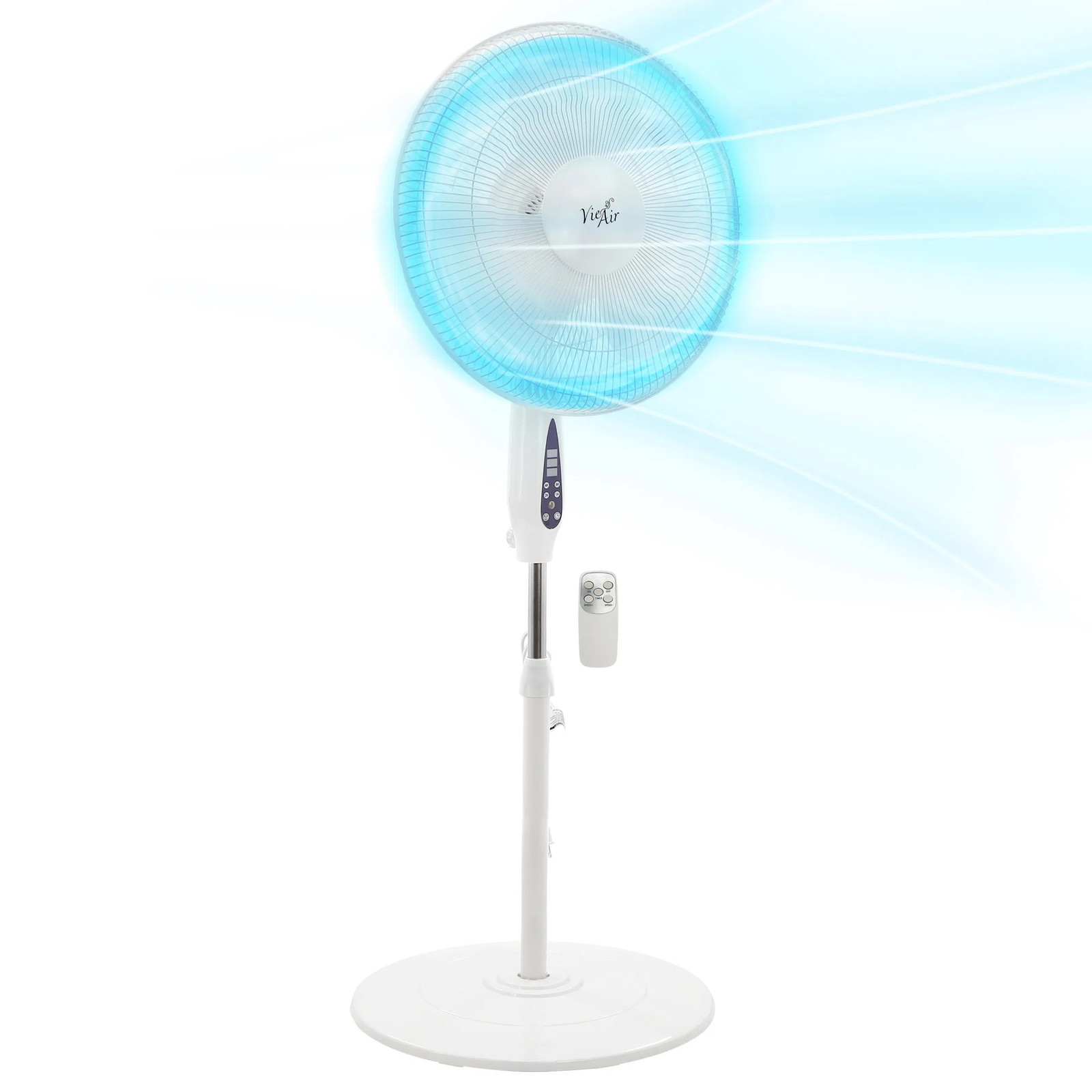 Vie Air 16 Inch 3 Speed Oscillating Stand Fan with Remote Control in White