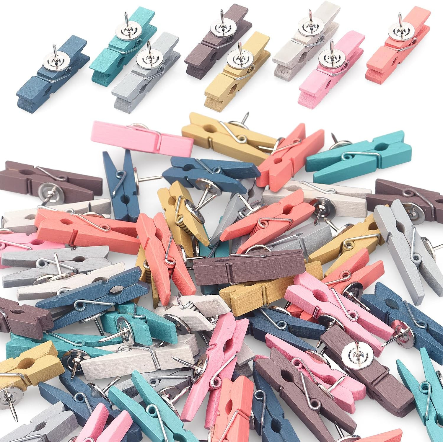 50 PCS Wooden Clips Colorful Push Pins Tacks for Cork Board Artwork, Crafts Arts