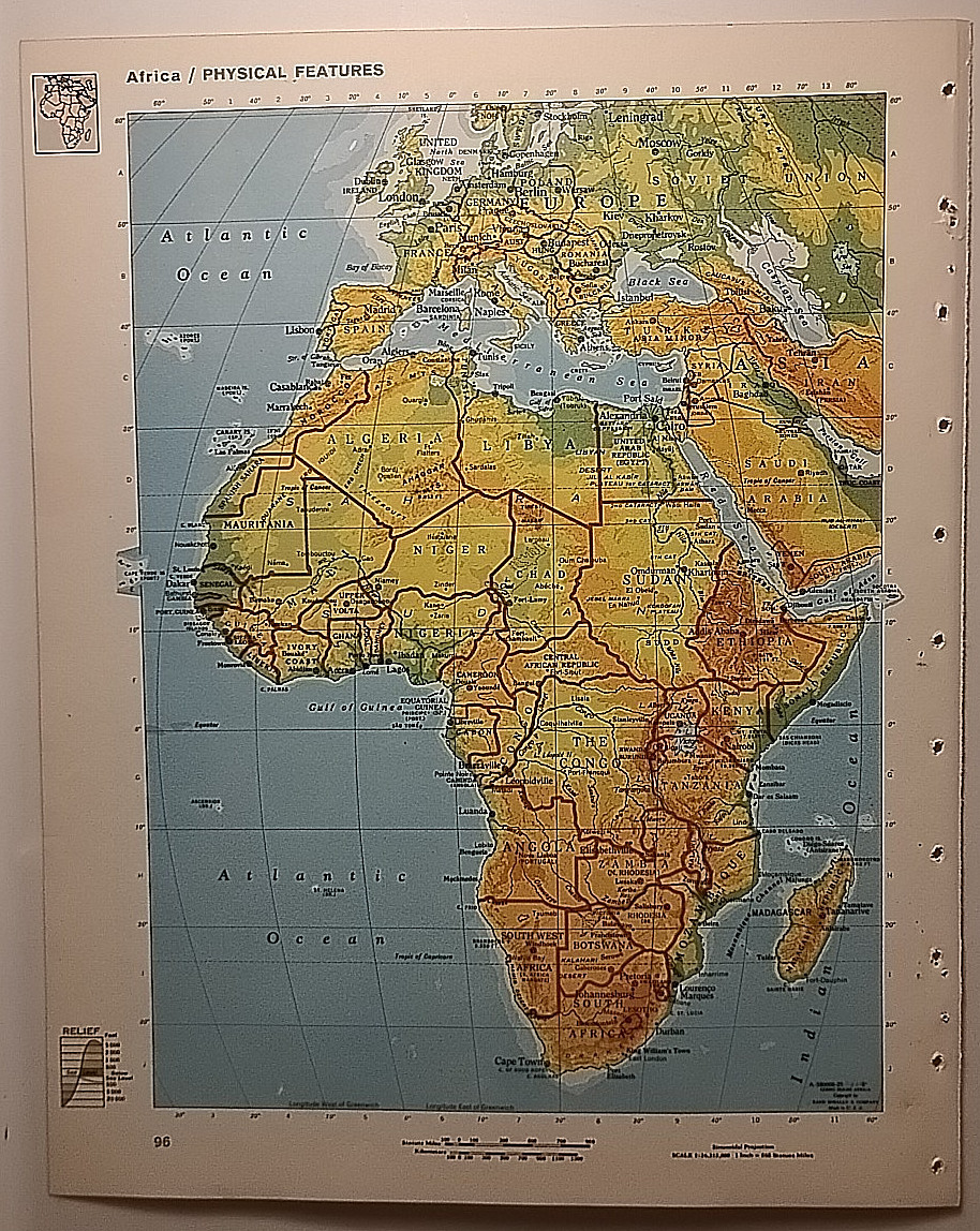 Vintage AFRICA RELIEF Atlas Map from a 1967 Mid-Century Modern World Book Atlas