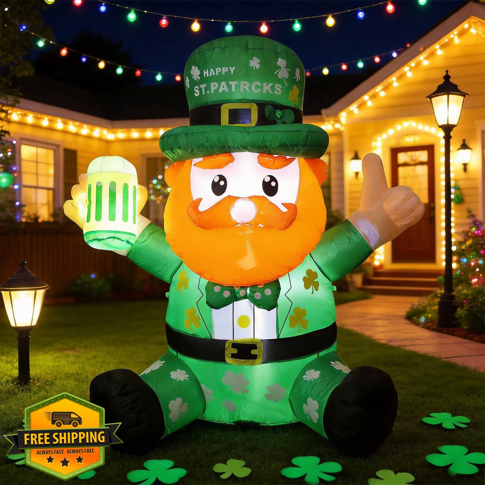 6FT St. Patricks Day Inflatable Leprechaun Beer Cup LED Yard