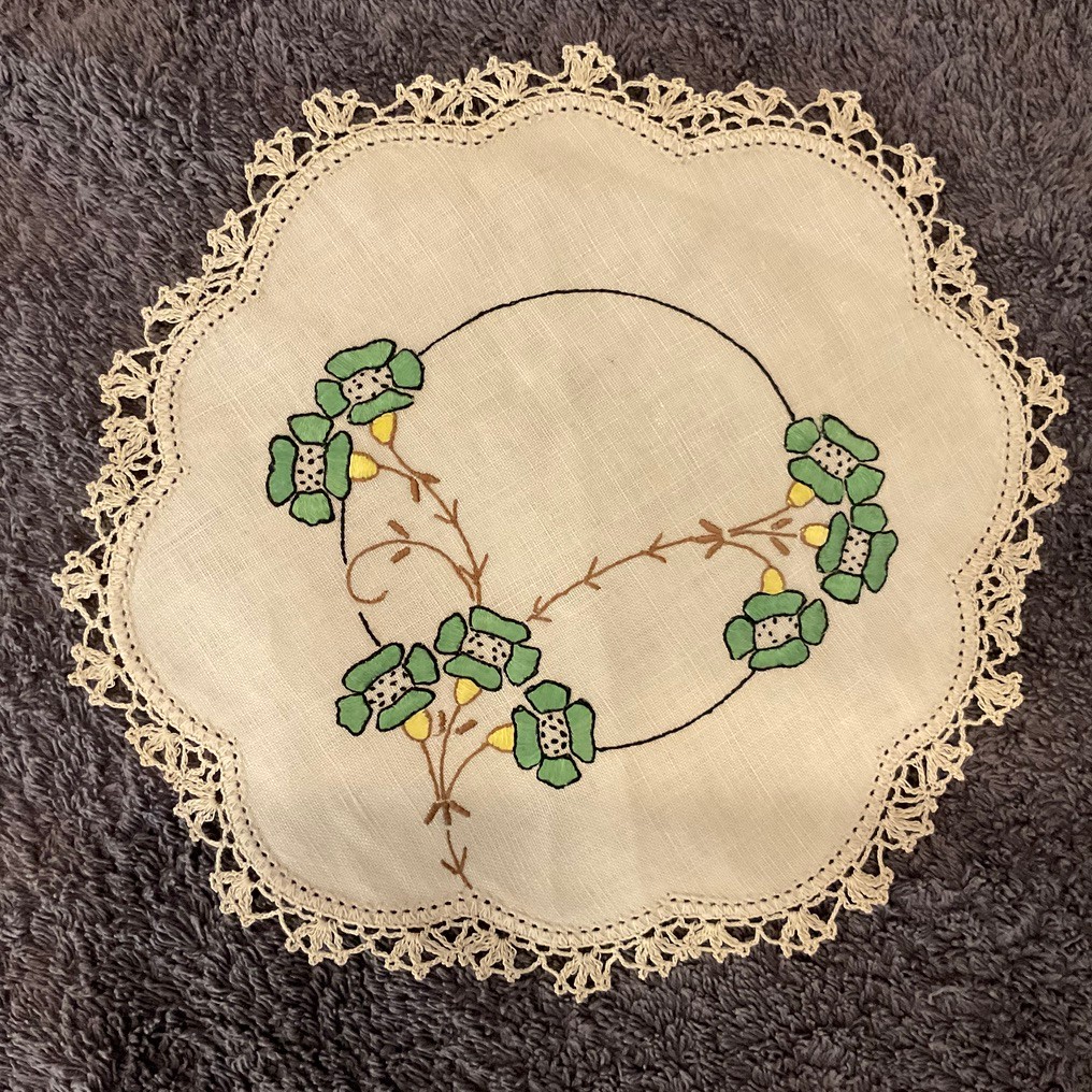 Vintage Handmade  Embroidered Linen Doily cottage core -  8 1/2  inch