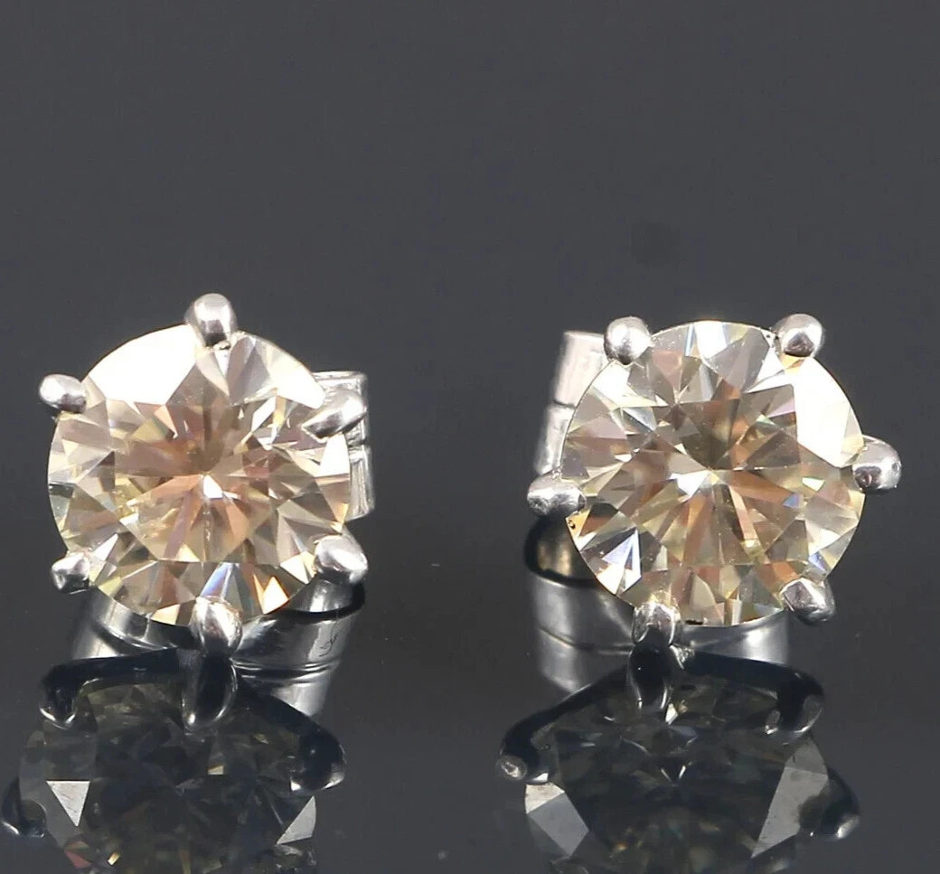 3.50 Ct Treated Certified Champagne Diamond Solitaire Stud Earrings, 925 Silver