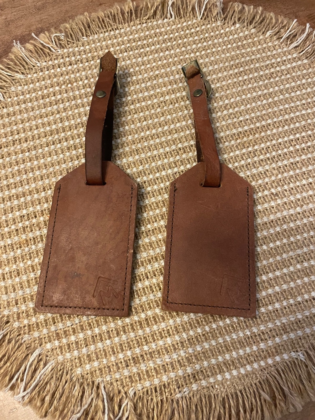 2 Vtg brown leather luggage tags, Marlboro Trail, promotional item 1990s