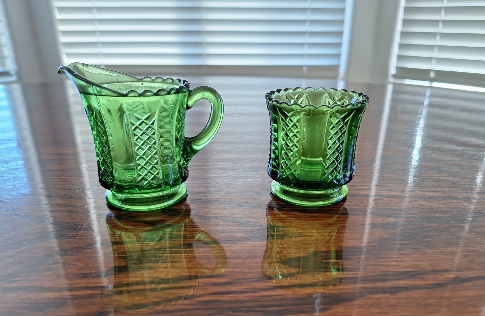 Antique EAPG Child's Toy "Clear & Diamond Panels" Creamer and Spooner in Green