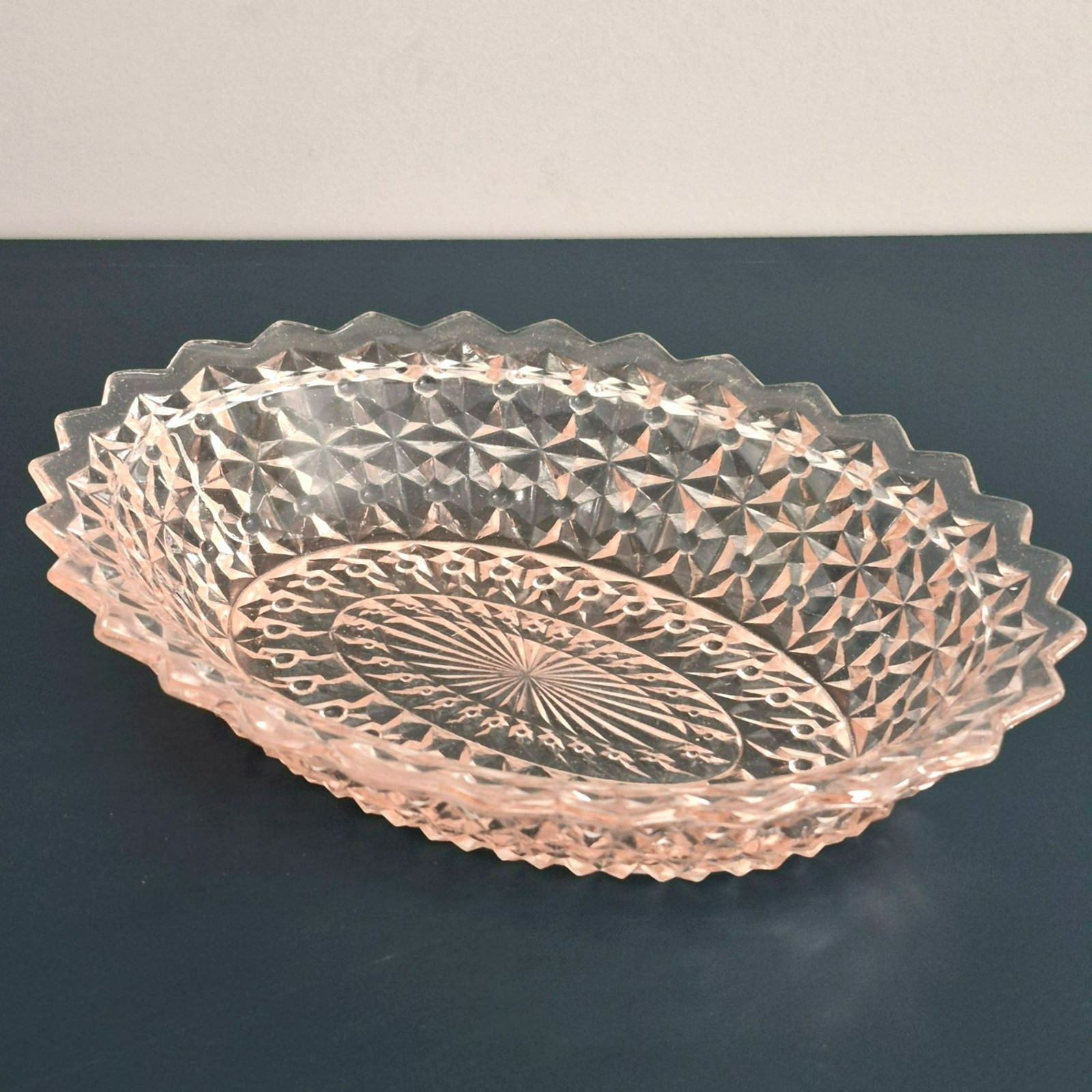 Vintage Jeannette Holiday Pink Glass Oval Serving Bowl Button & Bow 1940-60s USA