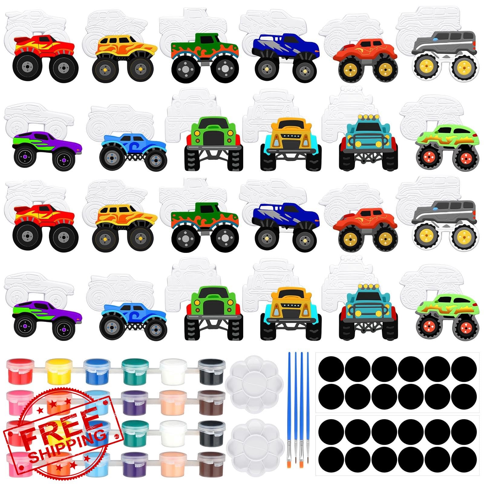 Simgoing 24pc Ceramic Monster Truck Ornaments Paint Kit Kids Crafts