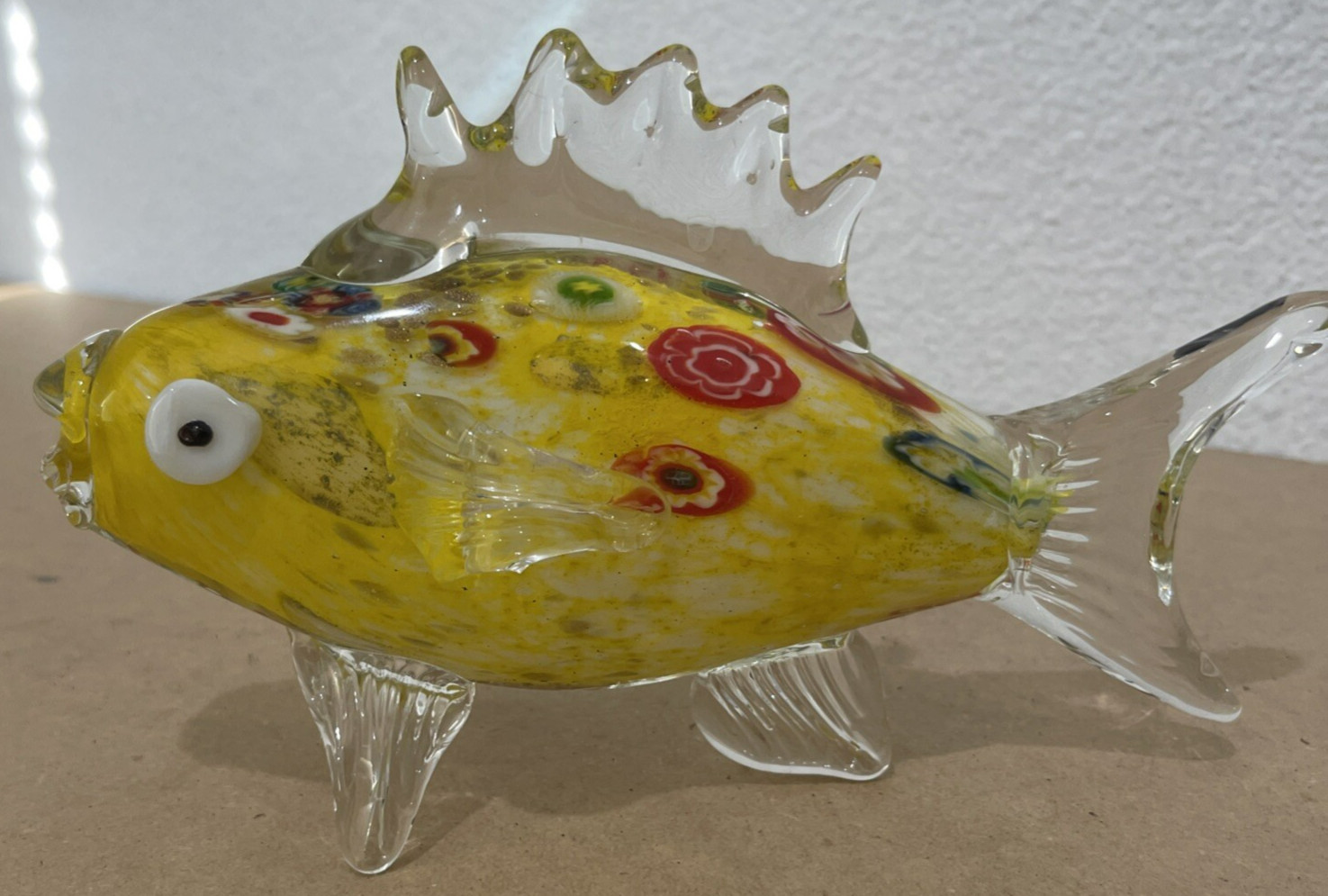 Vintage Yellow Red Green Handblown Art Glass Fish 9" Long