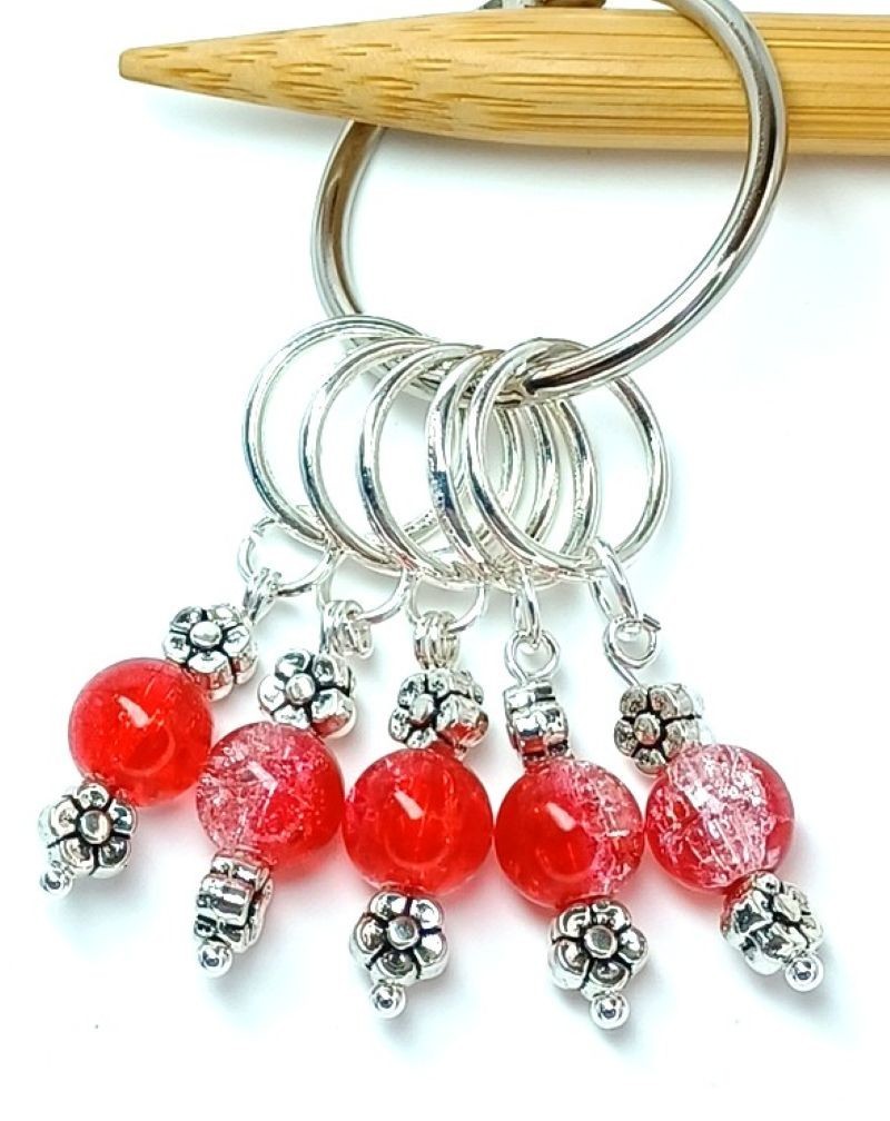 MikieLou Stitch Markers Premium Red Crackle Glass Flowers Knitting Crochet Gift