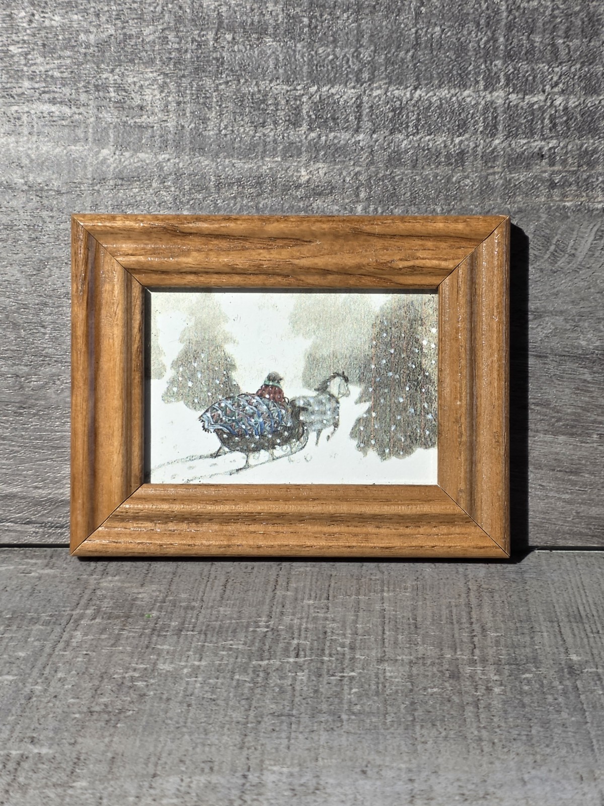 Vtg Sleigh Ride Painting Artisan Dollhouse Miniature 3.5" x 4.5" Winter g67c