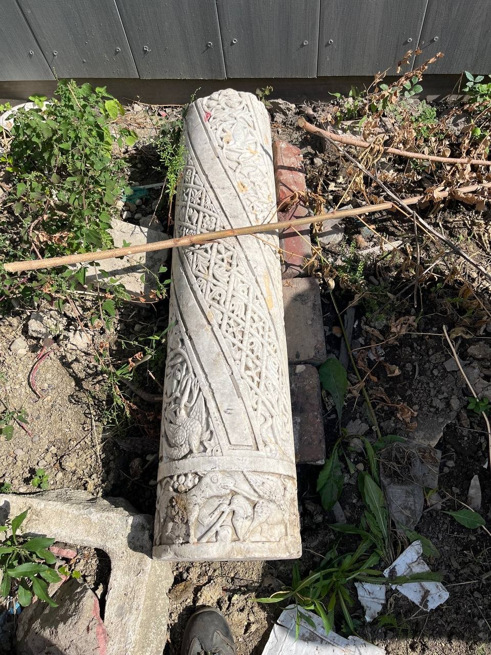 Large Carved Stone Column Fragment Ornate Bird Vine Relief Architectural Salvage