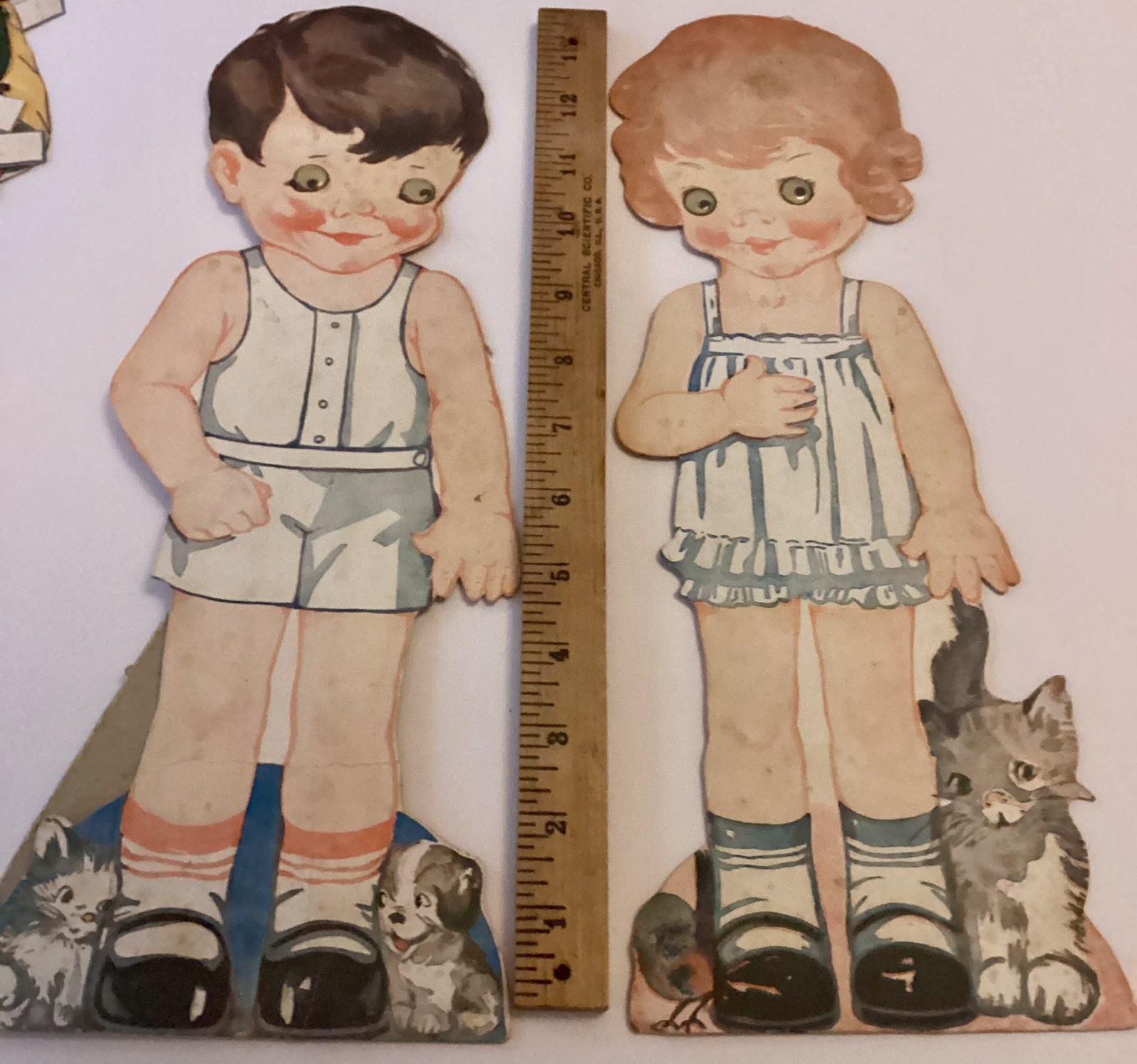 2 Vintage 14” Heavy Card Stock Paper Dolls w/Googly Eyes, Fashions-Dolly Dingle?
