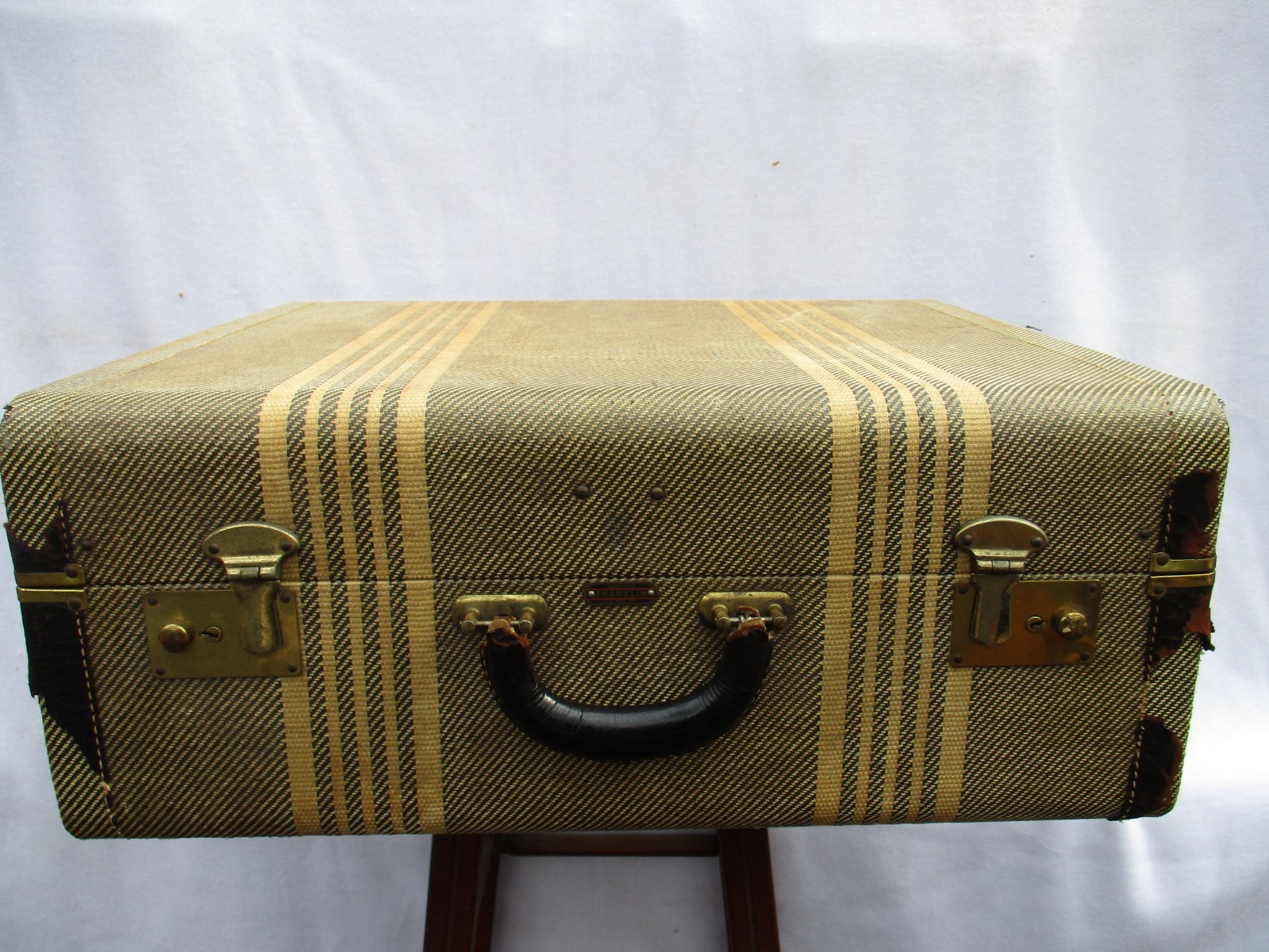 Yellow Tweed Double Stripe Vintage Leather Suitcase Luggage 21x18x9