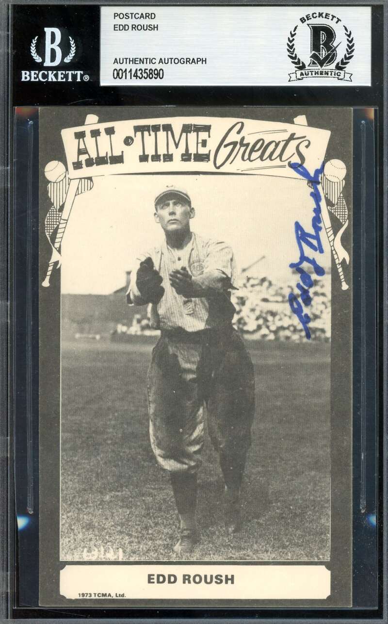 Edd Roush Beckett BAS Signed 1973 TCMA Photo Postcard Autograph