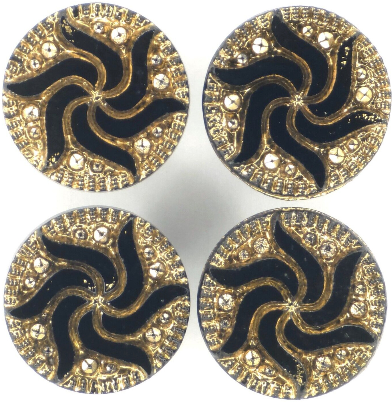 C1890 Antique Victorian Black Glass Gold Luster Starburst Swirl Button Set LOT 4