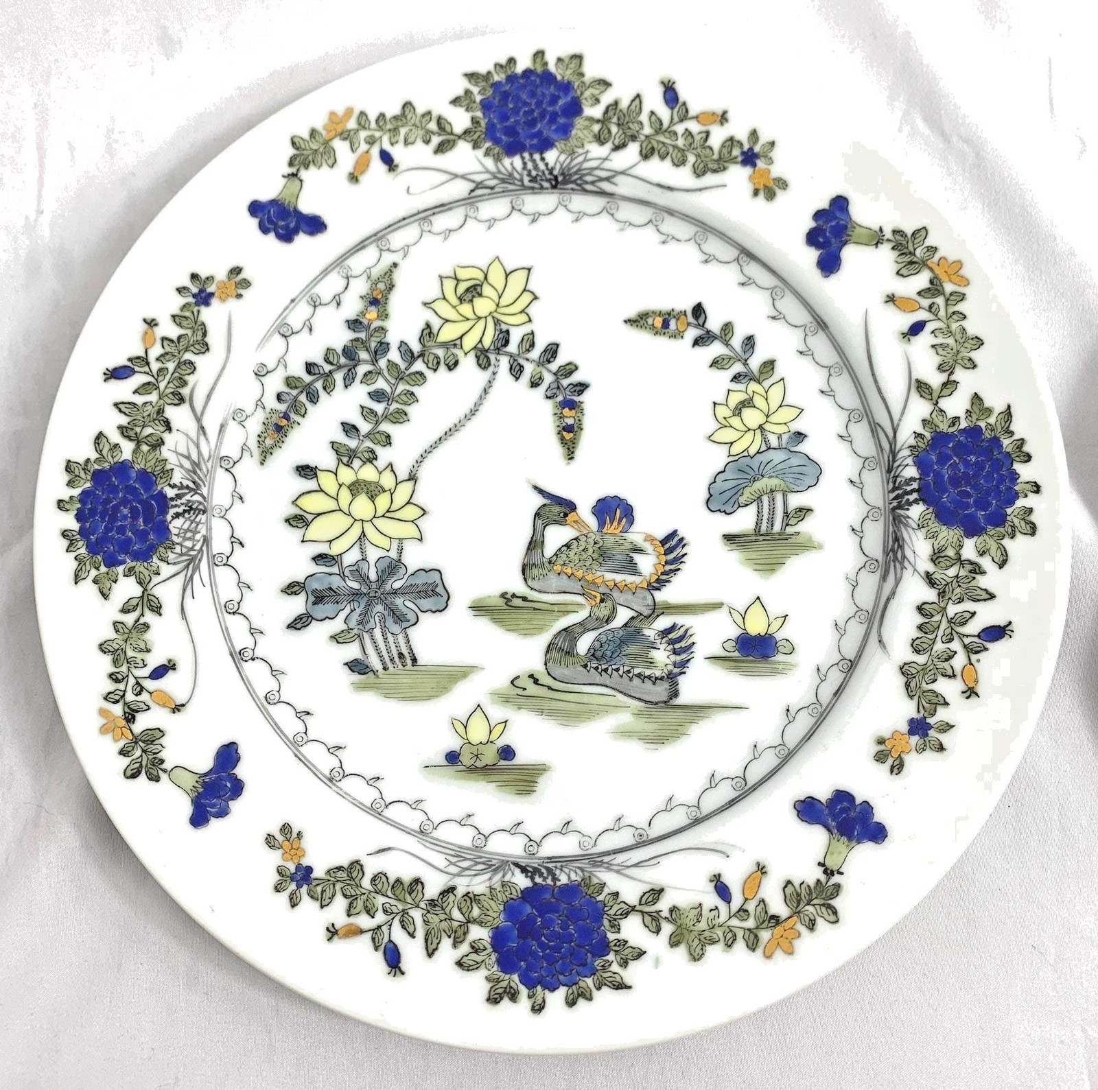 VTG ACF Trading Co Hand Painted Ducks/Swans/Geese Cobalt Blue Flowers 10" Plate