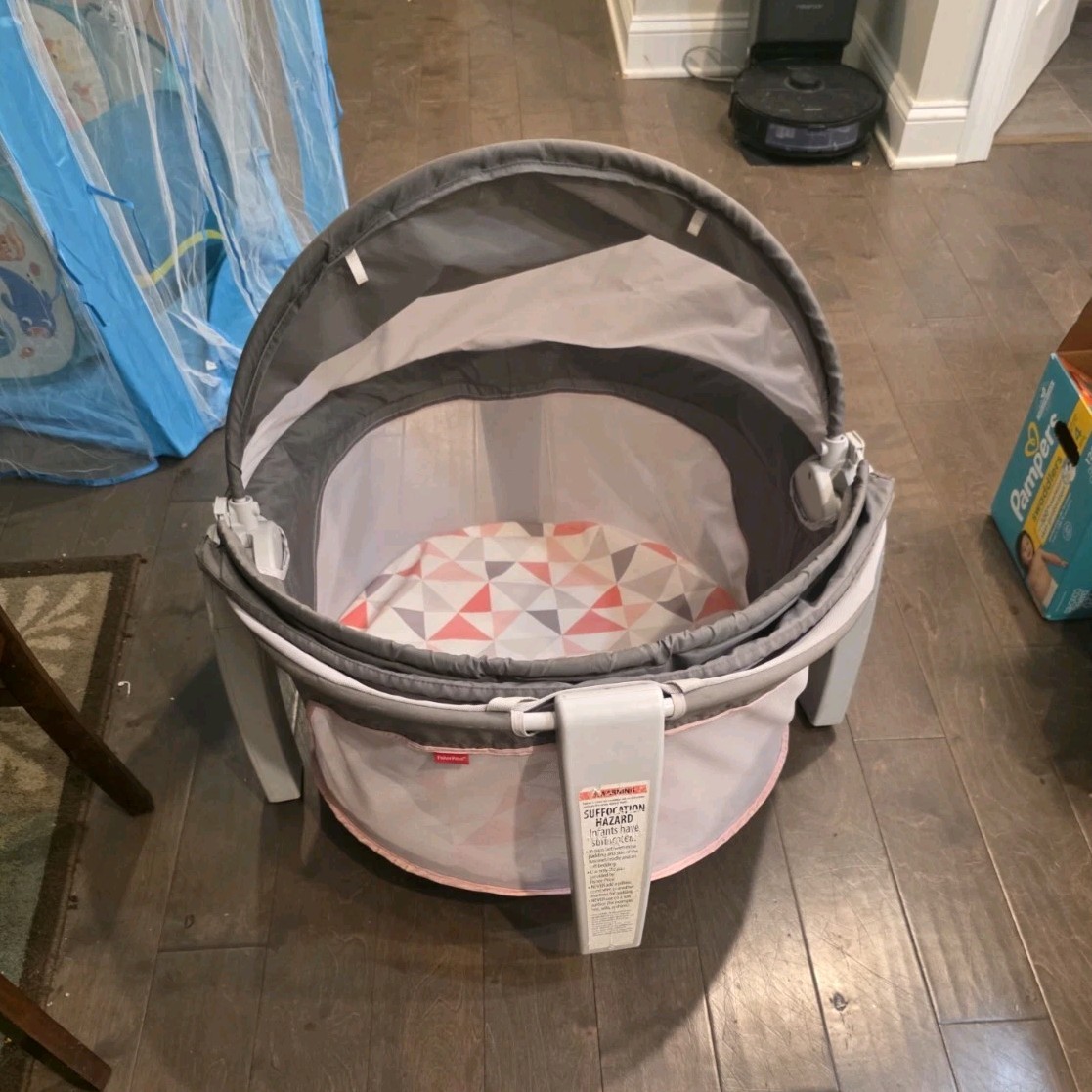 Fisher-Price On-The-Go Baby Dome Portable Bassinet Gray Pink Adjustable Canopy