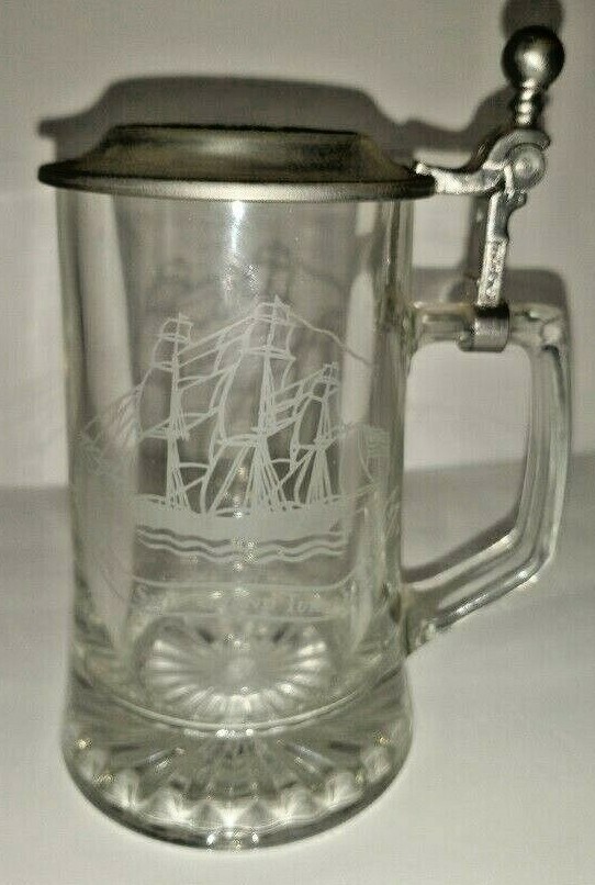 ALWE Beer Stein Old Spice Glass ‘Salem Ship Grand Turk 1786’ Pewter Lid Vintage