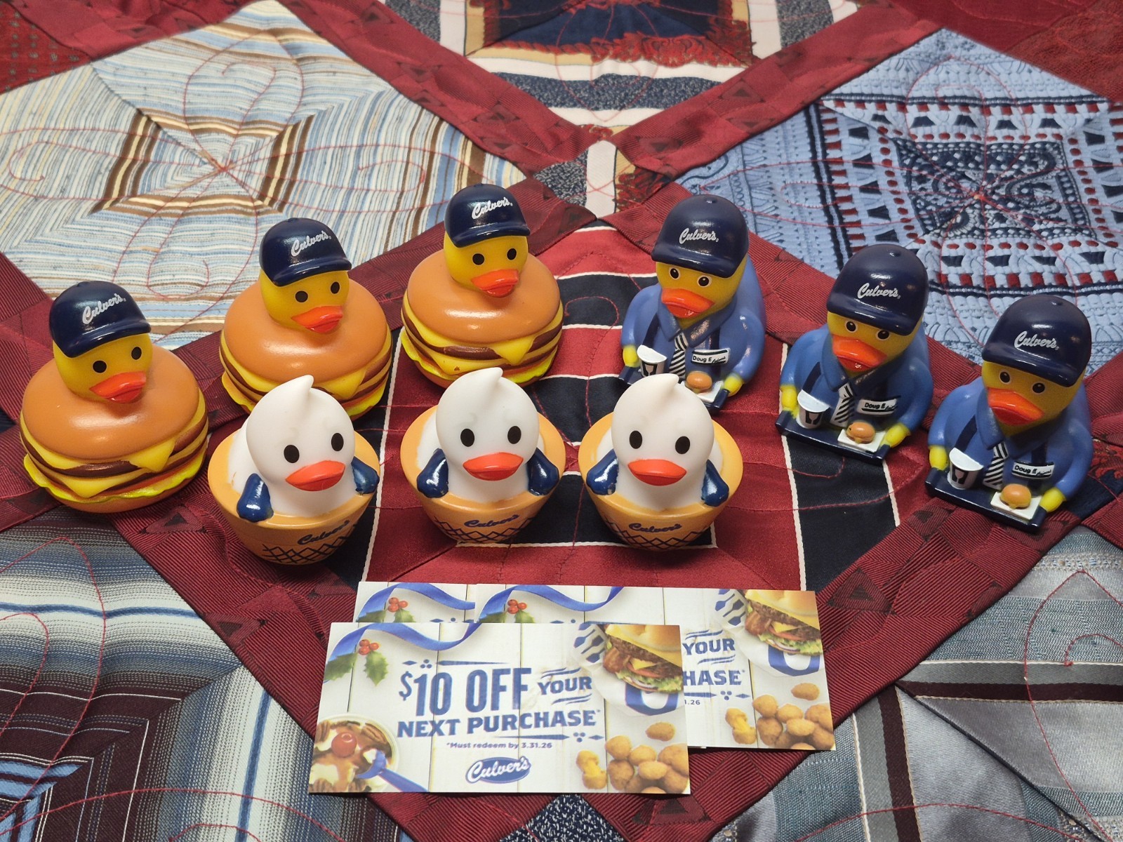 Culvers Jeep Duck Set Lot Of 3 Cheeseburger Custard Employee + 3 $10 Off Cards
