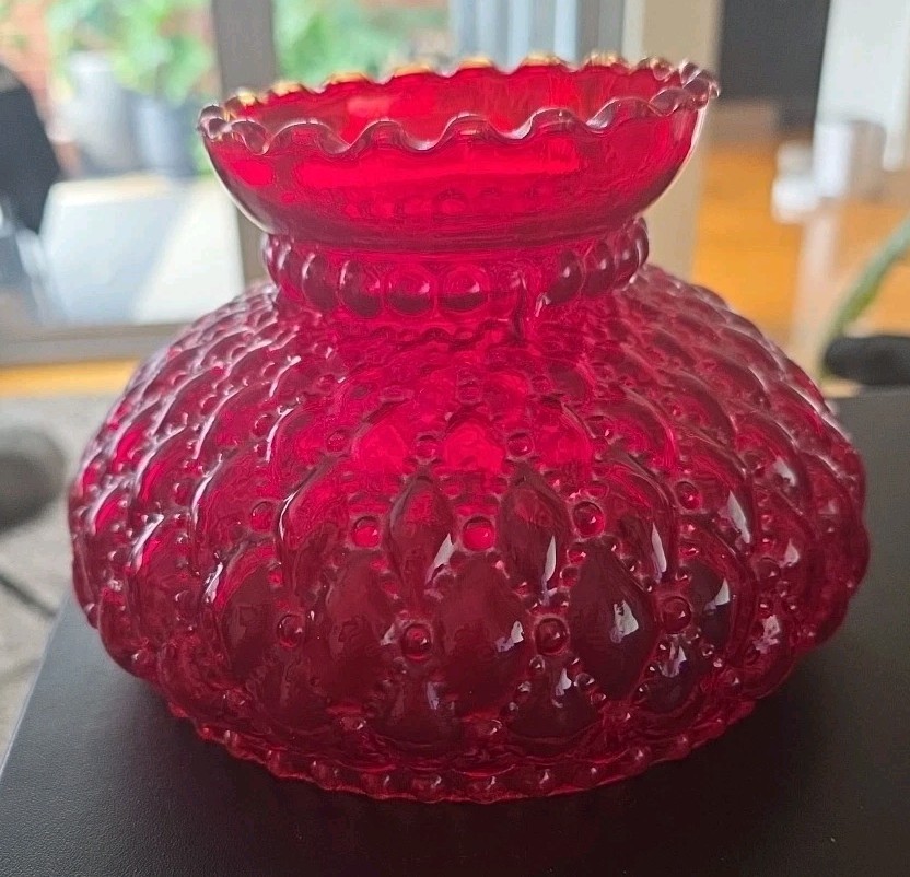 Vintage Ruby Red Cranberry Glass Shade Quilted Diamond Lampshade. EC