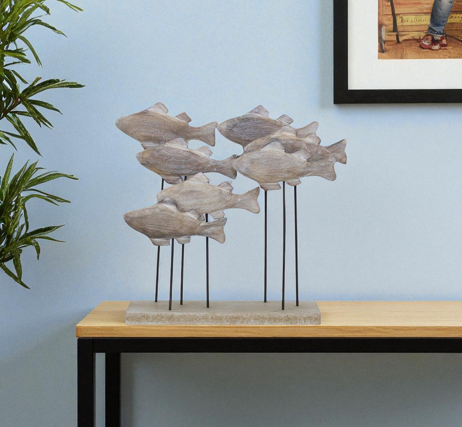 9" Brown Metal And Wood School Of Fish Tabletop Sculpture