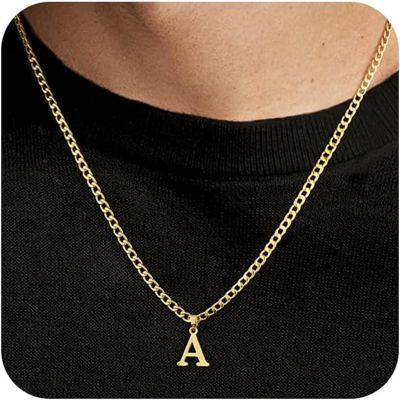 Initial A-Z Letter Pendant Necklace for Men 18K Gold Plated Capital Initial Neck