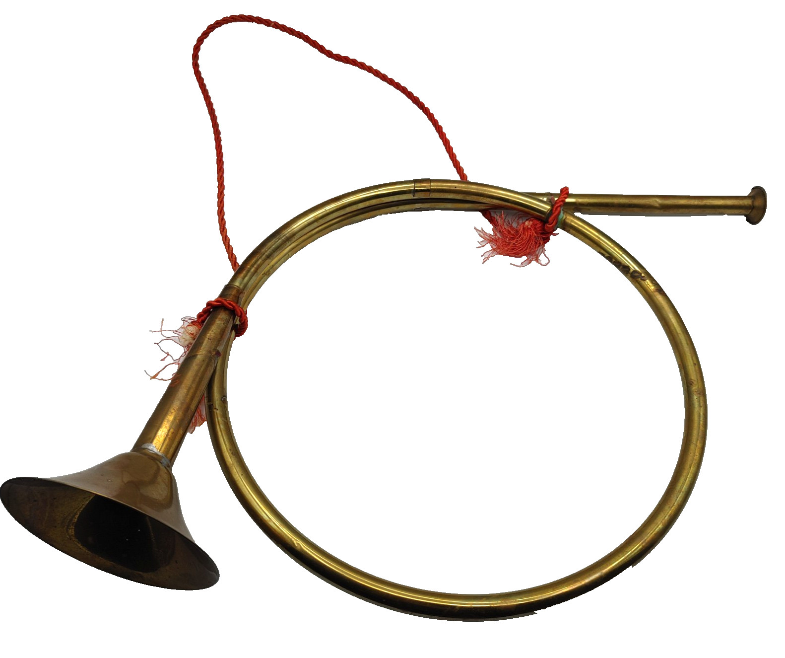 VTG Brass French Horn 20" Decor MCM Large Christmas Hang Red Rope Patina Retro