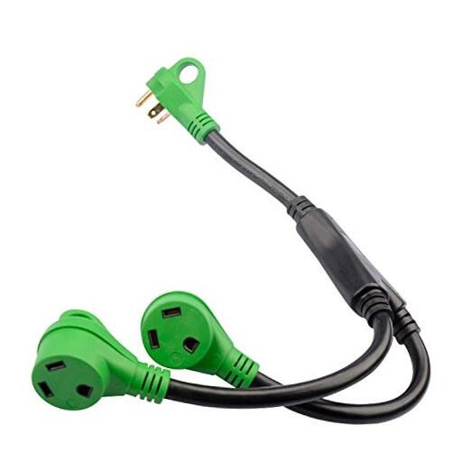  RV Y Adapter Cord with Handle 30 Amp TT-30 Male Plug to Two 30 30M/30F*2 Green