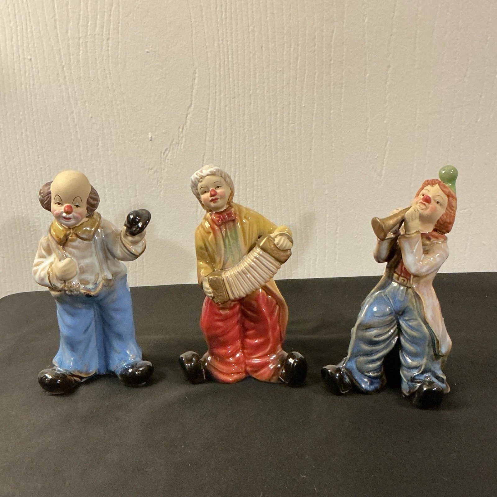 3 Circus Clown Figurines Playing Musical Instruments