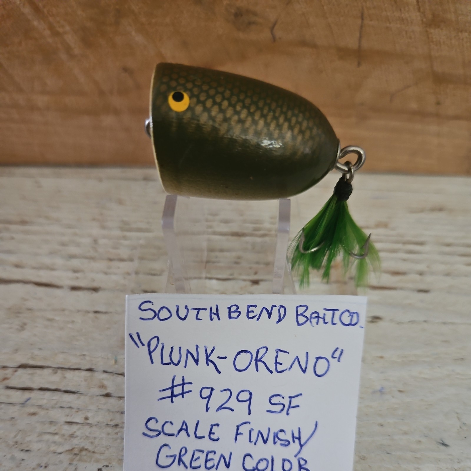 Vtg South Bend Bait Co "PLUNK-ORENO" #929 SF. Scale Finish/Green color Lure.