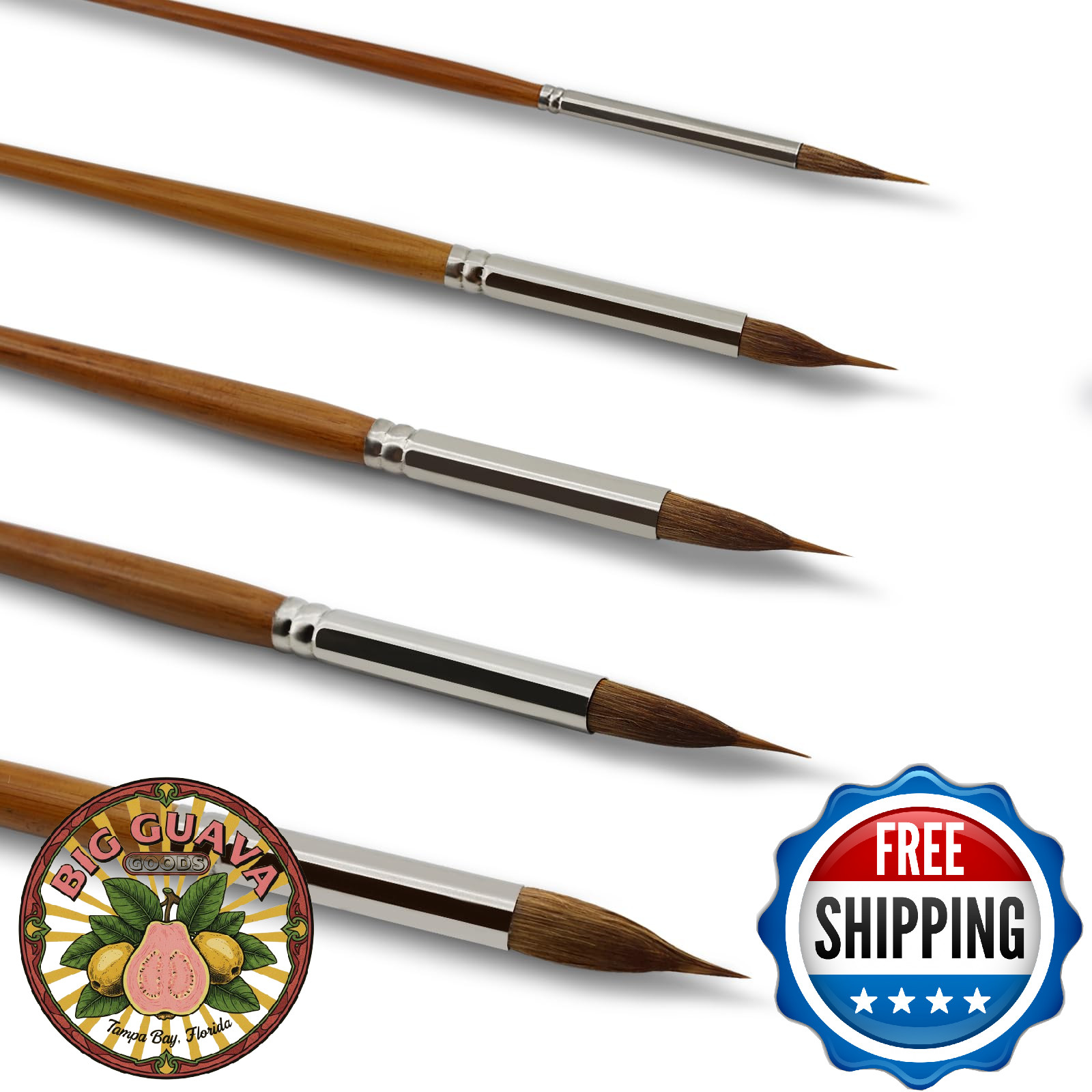 Watercolor Brushes Set of 5 - Extra Long Needle Point Detail Brushes with Two La