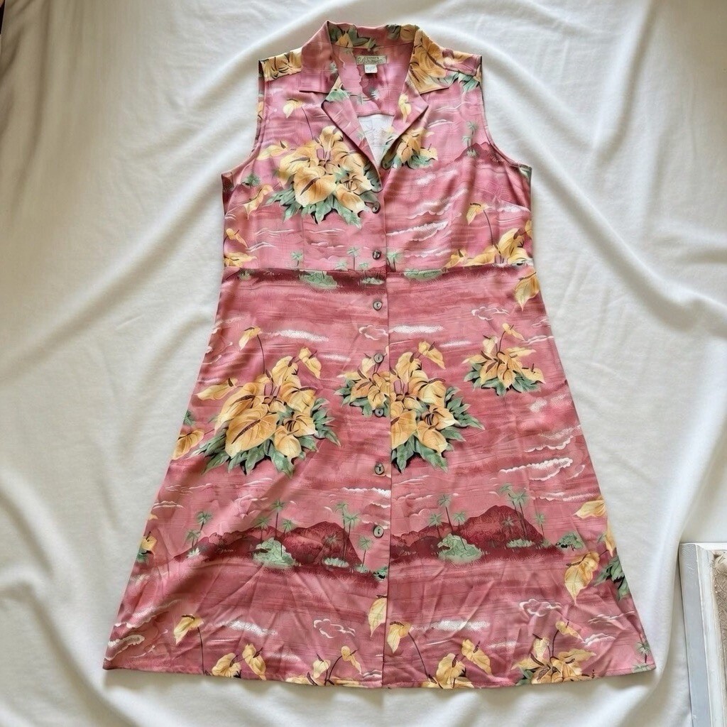 Tommy Bahama 100% Silk Hawaiian Dress Womens Size 14 Pink Floral Button A-Line