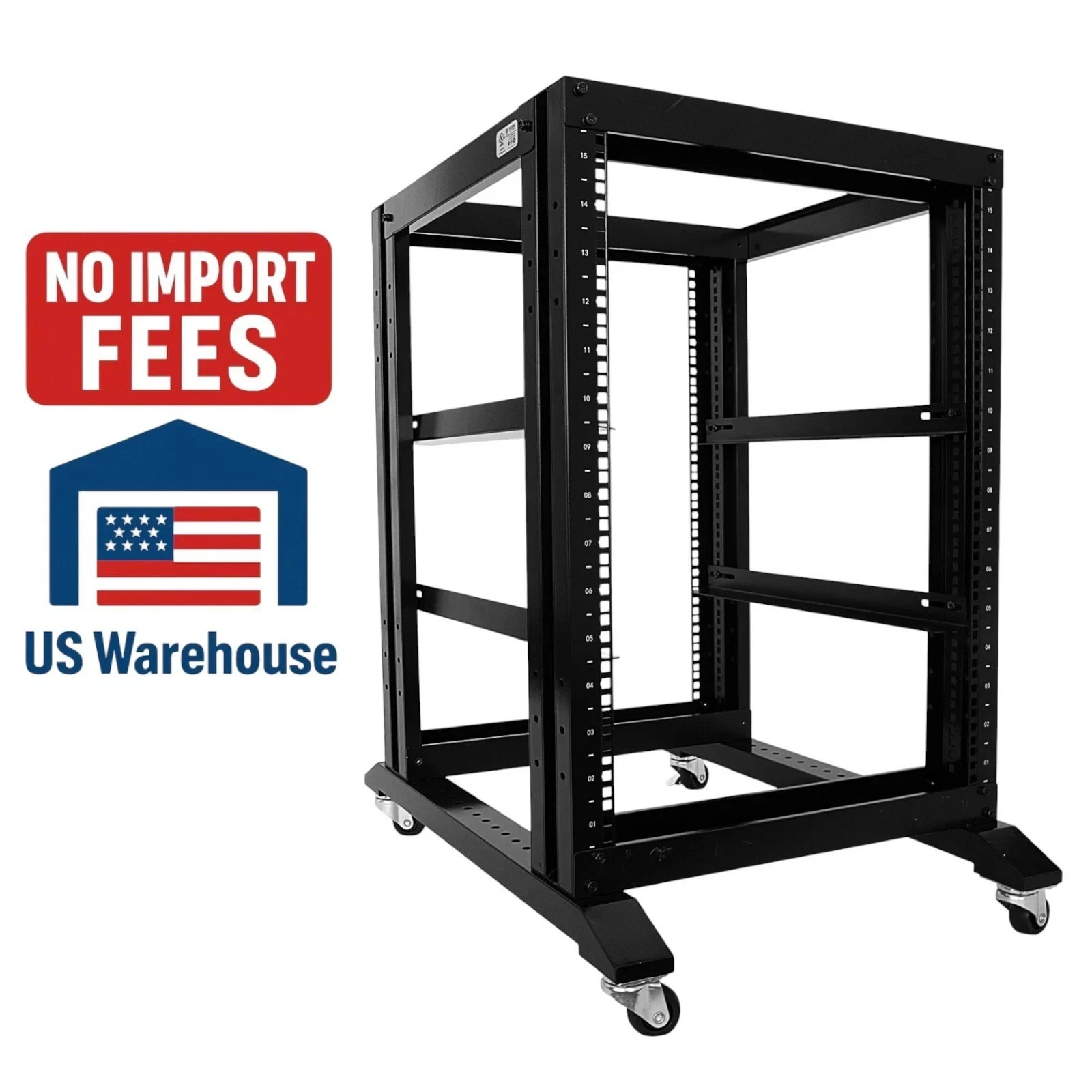 15U 4 Post Open Frame Server Rack 19” – 24” Deep Steel Data & Audio Network Rack