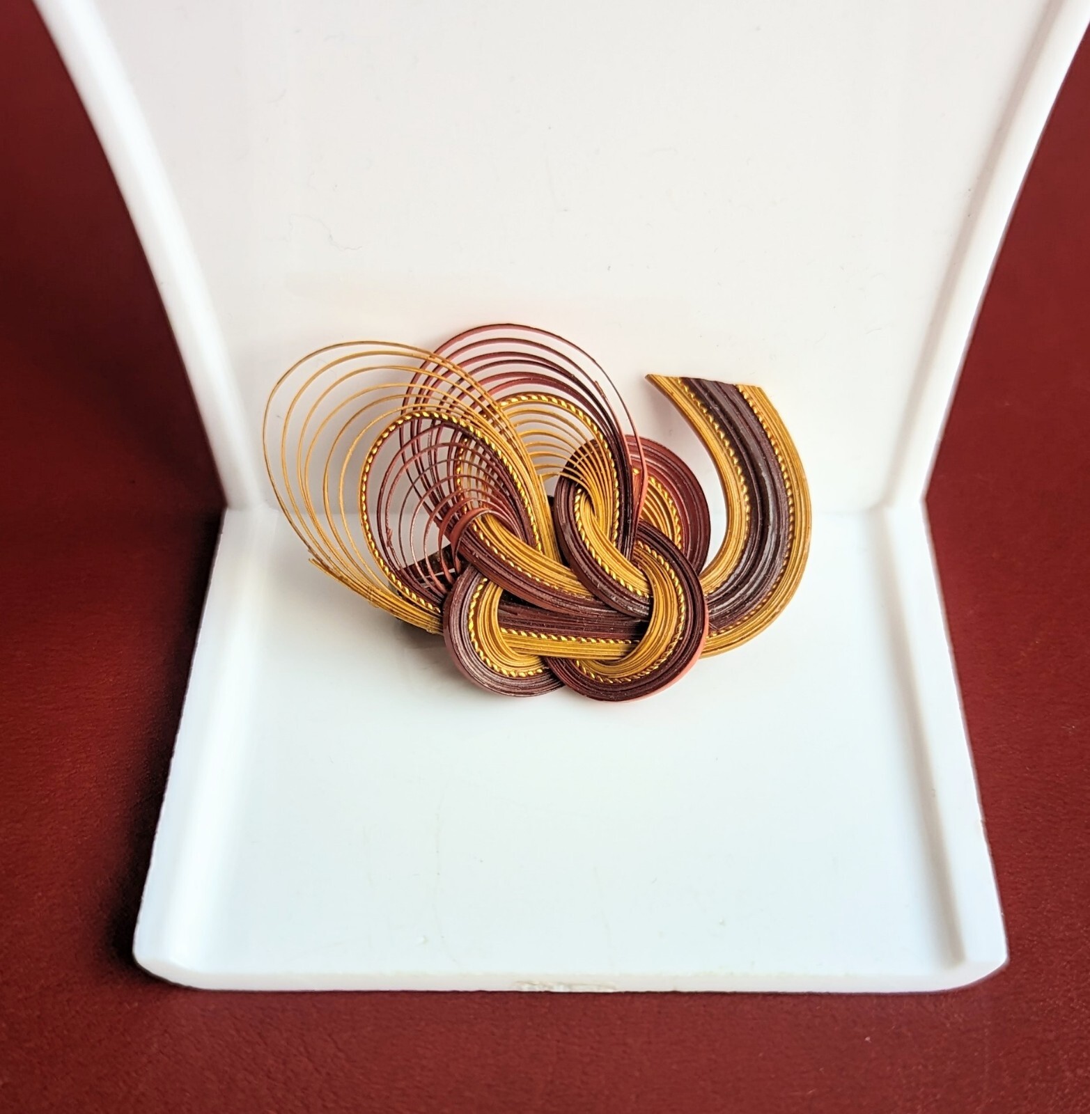 Vintage Wicker Wood Woven Abstract Knot Swirl  SCARF Slide CLIP Red Brown