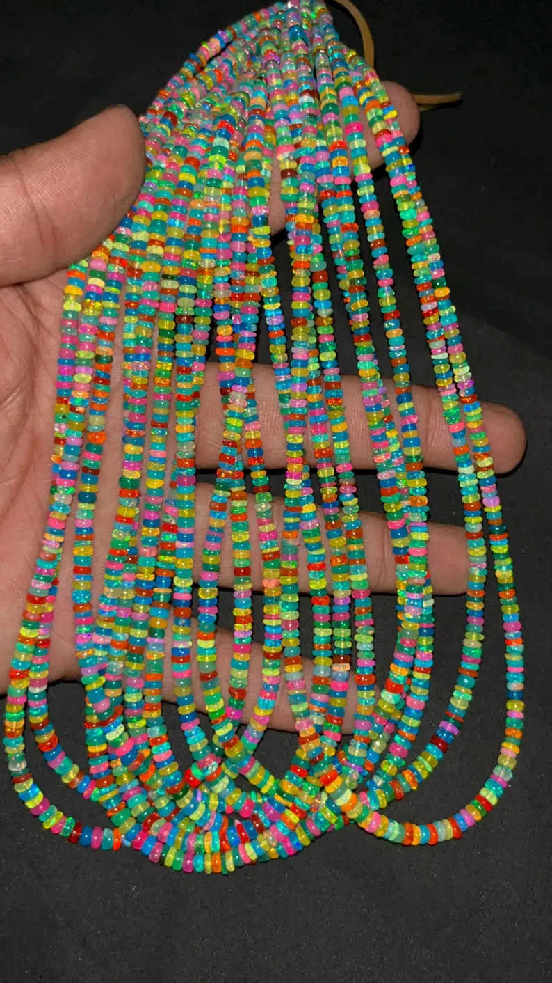 AAA+ Ethiopian Disco Opal Smooth Rondelle Beads 3-5mm Rainbow Opal Beads 16 Inch